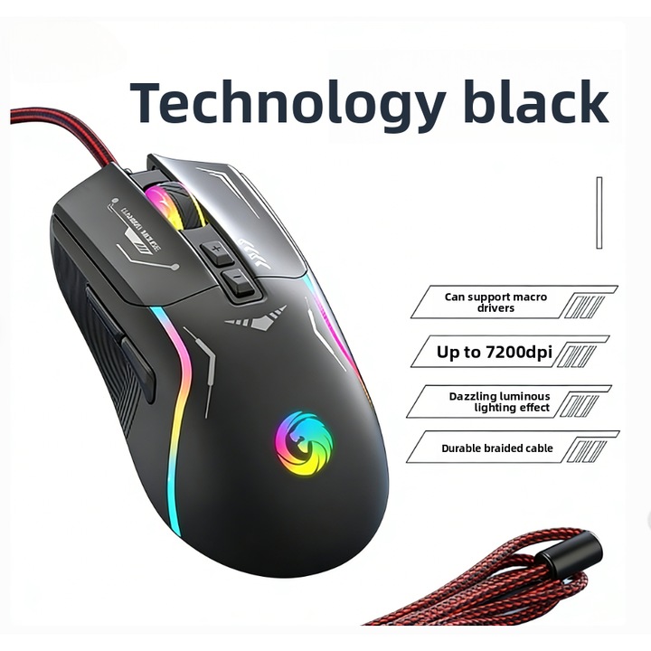 Mouse gaming cu fir, 7200 DPI, negru intens, design ergonomic, 59.06 inches