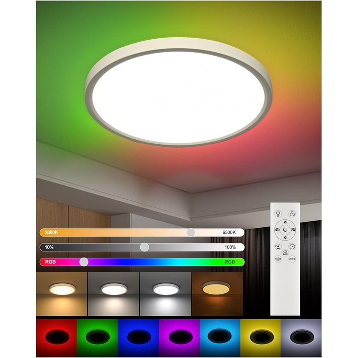 Plafoniera LED DetarZinLED, 24W, RGB, telecomanda, lumina reglabila 3000K-6500K, 2700 lm, Ø30 cm, IP44, Policarbonat, culoare Alb