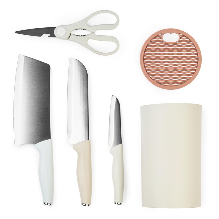 Set de cutite pentru bucatarie Onuvio®, 5 piese pentru folosire zilnica, Foarfeca, Cutit Chef, Cutit decojit, Suport pentru Blat, Alb