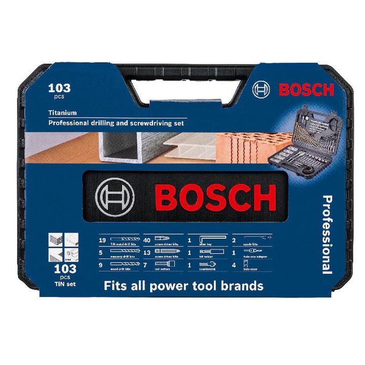 Смесен комплект, свредла, накрайници за отвертки, вложки Bosch X103Ti, 103 части