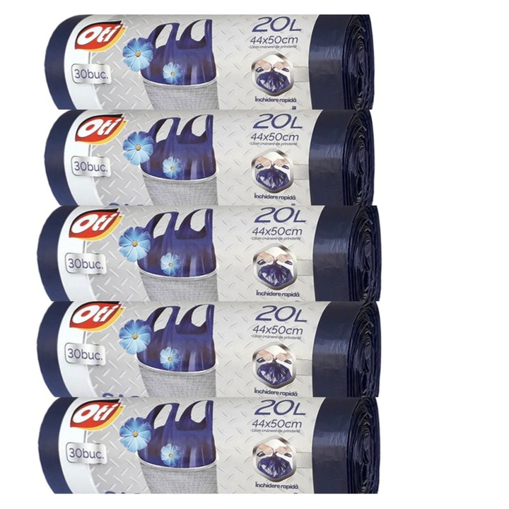 Set 5 role Saci OTI menajeri COMFORT+ cu manere, 20L, albastru, 30 buc./rola, parfum ocean