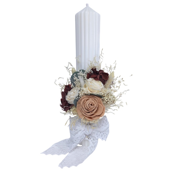 Lumanare Botez decorata cu trandafiri ming, hortensie criogenata si flori criogenata/uscate, 35 cm