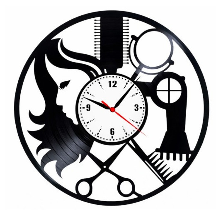 Dekoratív falióra "Beauty Salon", Vintage stílusú bakelit (hanglemez), Fodrászat és Kozmetika tematika, Fekete, 30 cm