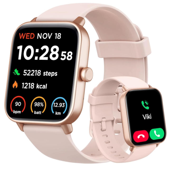 Ceas inteligent pentru femei, Bluetooth, Alexa integrat, alb-roz, 1.8", IP68, monitorizare ritm cardiac/Spo2/somn