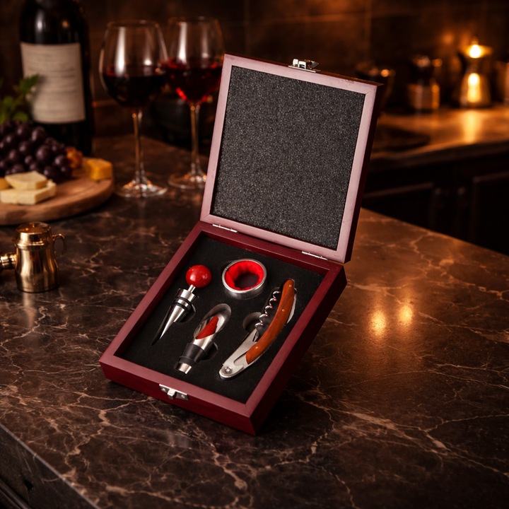 Set Somelier, Accesorii Vin Premium, 4 Piese (tirbuson profesional, dop, turnator, inel anti-picurare), Cutie Eleganta, Design Rafinat pentru Iubitorii de Vin, Ideal pentru Cadouri Barbati si Ocazii Speciale, 17x15x5 cm, Rosu, PriStyle®