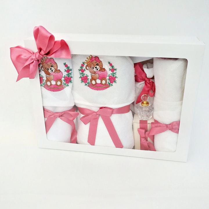 Trusou Botez Fetita Ursulet Printesa Roz – Set 7 Piese, Brodat, 75x75cm, 70x70cm