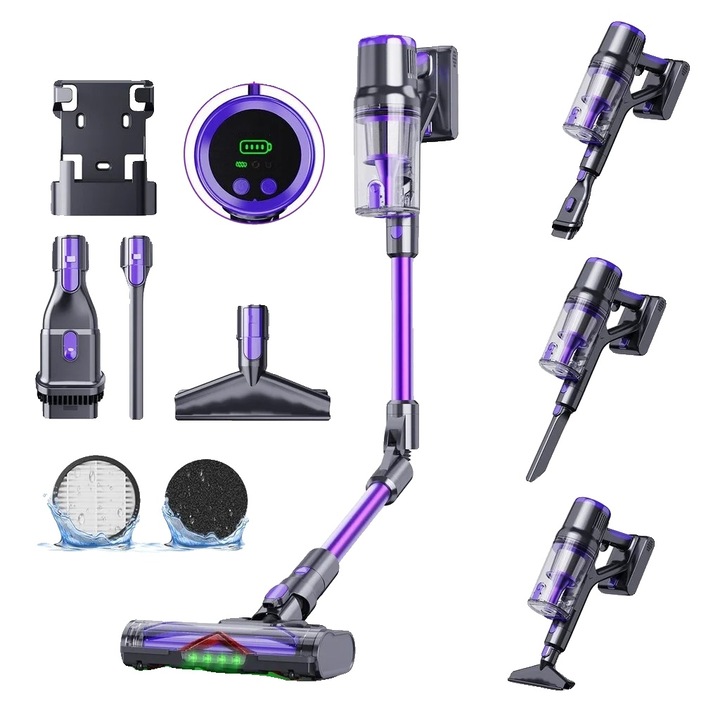 Безжична прахосмукачка, висока всмукателна мощност, HEPA филтрация, лилава, 6-10 кг