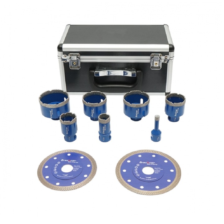 Set 7 carote diamantate 10-68mm, filet interior M14 + 2 discuri 115, 125mm pentru placi ceramice, marmura, granit Breckner Germany