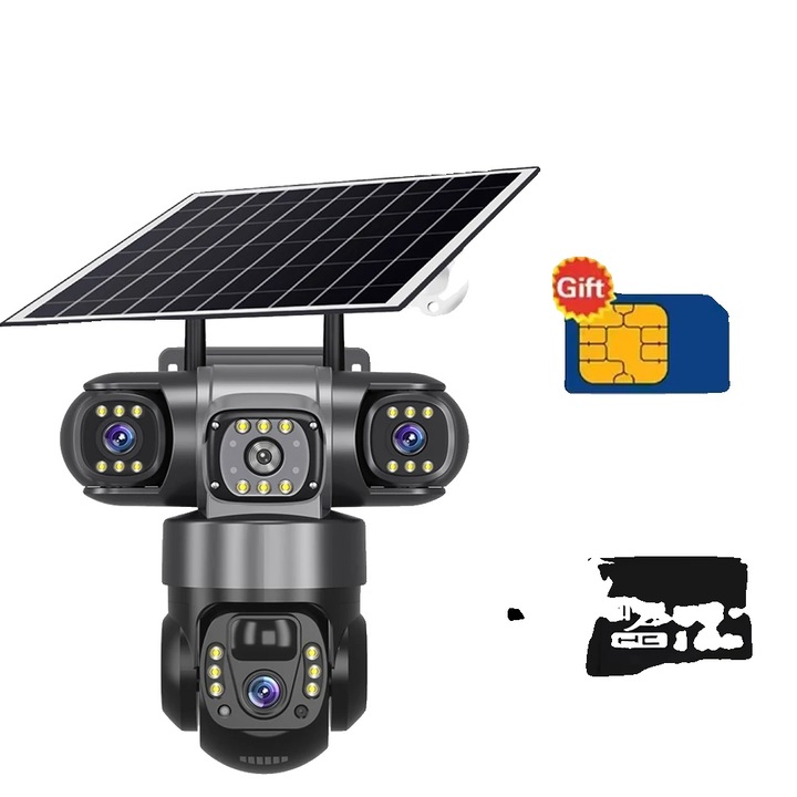 Соларна камера за наблюдение, управление с три обектива, 4G свързаност, 8000mAh, 64GB комплект