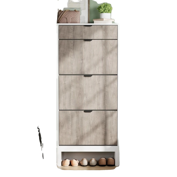 Cipősszekrény, fehér-szürke kivitel, billenőajtókkal, rendszerező készlet, kompakt méretek