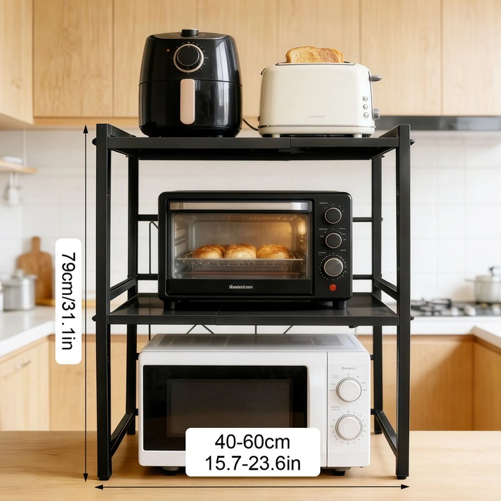 Mikrohullámú sütő polc, kihúzható kivitel, 3 szintes, állítható, 40x60cm, fém