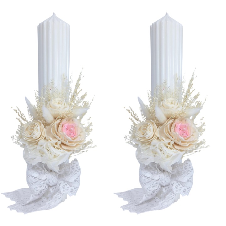 Set 2 lumanari nunta/cununie decorate cu flori ming, hortensie criogenata si flori naturale criogenate/uscate, 35 cm