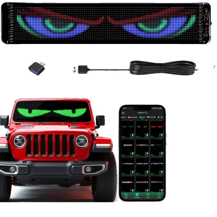 Ecran LED flexibil, display dinamic colorat, conexiune USB, control Bluetooth, 27.5x3.5 inch