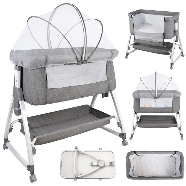Patut atasabil pentru bebelusi, 3 in 1, cu saltea, reglabil pe inaltime 6 trepte, inclinabil, pliabil si portabil, compatibil cu majoritatea paturilor, Gri