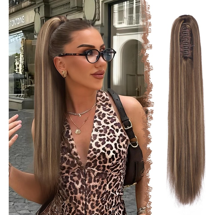 Extensie coada Feshfen, prindere cu cleste, drept, 63 cm, Fibra sintetica, suvite blonde cenusii, culoare Maro