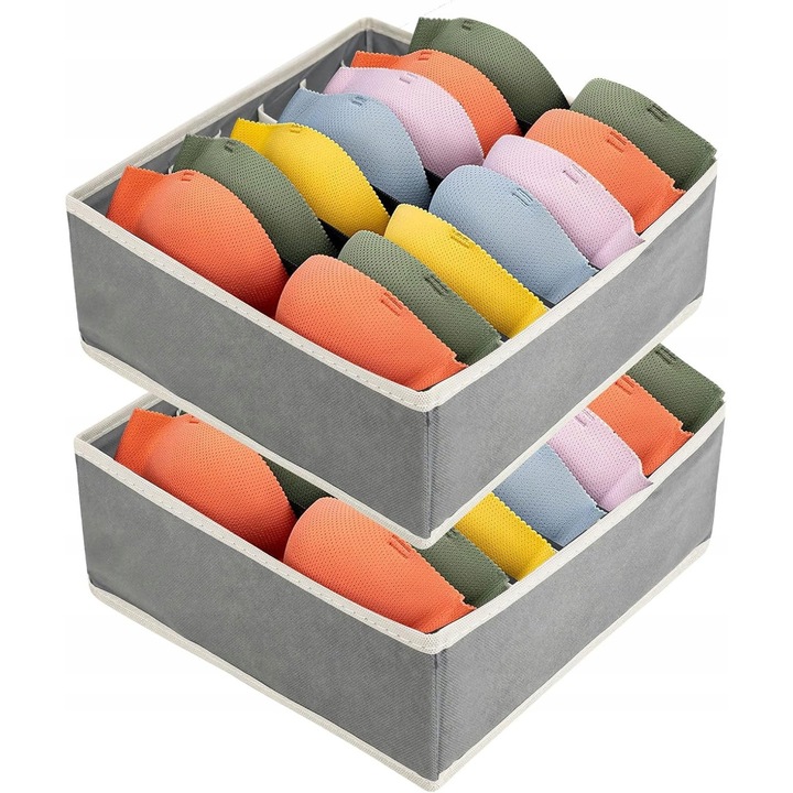 Fehérnemű rendszerező szett, 2 doboz 7 rekesszel, szürke, 32x32x10cm