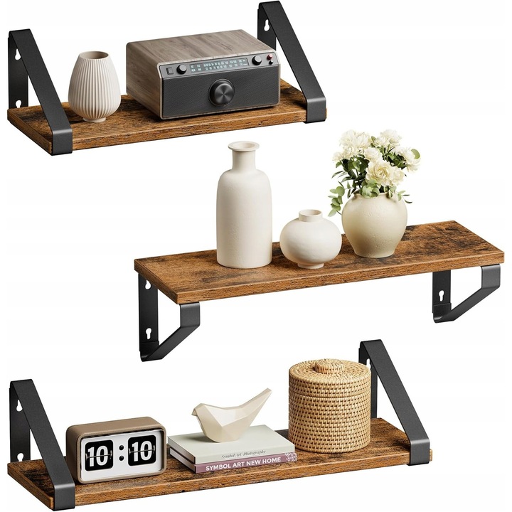 Set 3 rafturi decorative, montaj simplu, stil rustic, negru, 10kg, 30x15cm