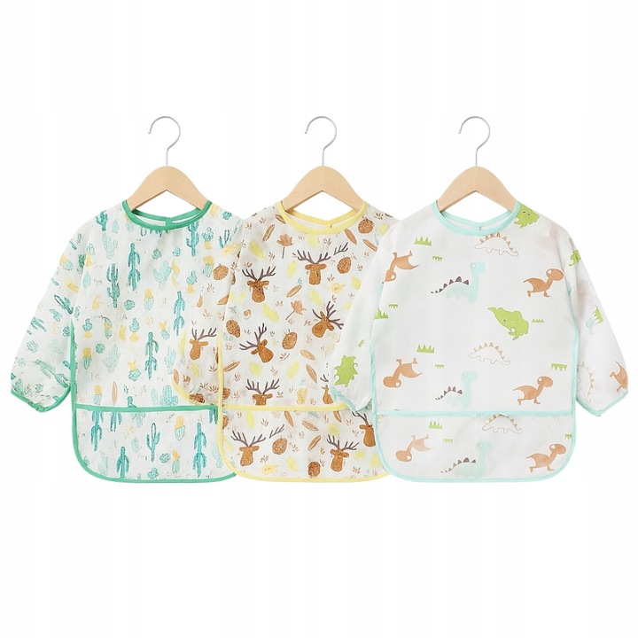 Set 3 bavete pentru copii cu maneci, impermeabile, unisex, 6 luni - 3 ani, colorat