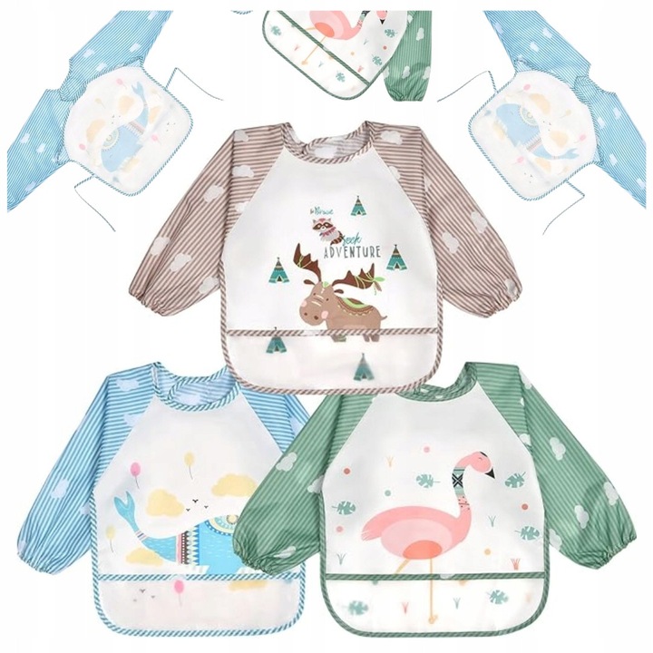 Set 3 bavete pentru copii cu maneci, impermeabile, unisex, 6 luni - 3 ani, colorat