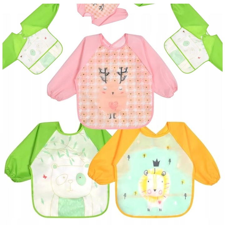Set 3 bavete pentru copii cu maneci, impermeabile, unisex, 6 luni - 3 ani, colorat