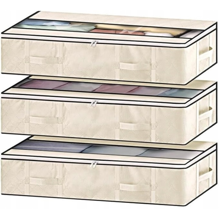 Set 3x organizatoare de depozitare sub pat, 90 l, material textil, gri, 100x50x18cm