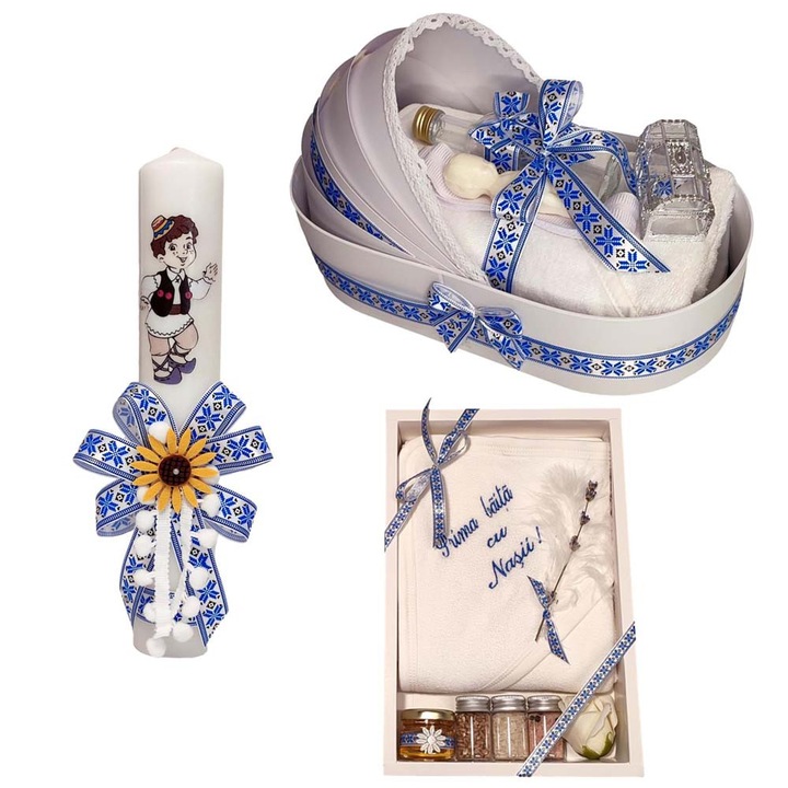 Set trusou botez complet in landou decorat traditional, set prima baita dupa botez cu mirodenii pentru baietel, lumanare cu motive populare romanesti, albastru traditional, Denikos NK155