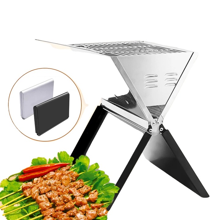 Gratar pliabil din otel inoxidabil 410, 36x24cm, pentru 3-5 persoane, carbune, dimensiuni 31x39cm