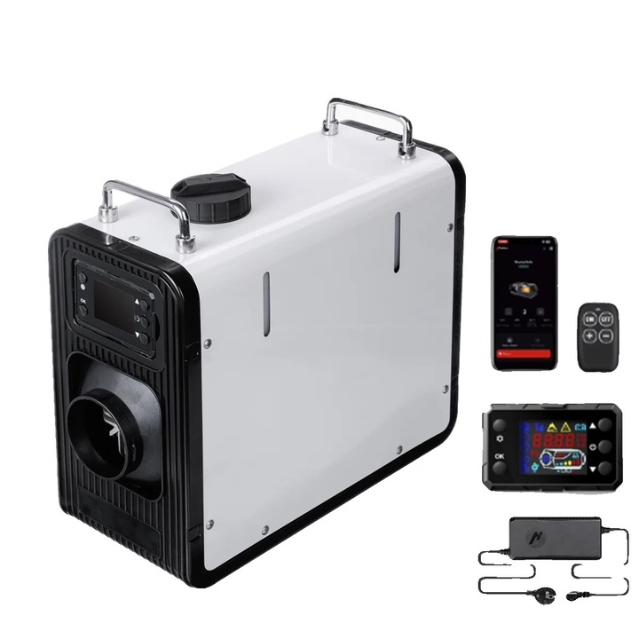 Dízel légfűtő, 5-8 KW, 12V/24V és 240V, kompakt méretek 35x16x30 cm, üzemanyag-fogyasztás 0.15L - 0.44L/óra