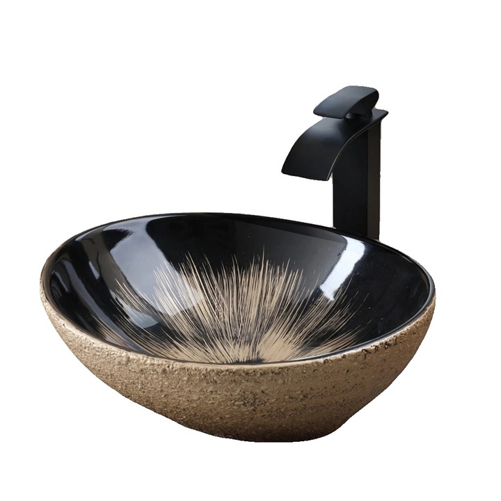 Set lavoar ceramic oval, design elegant, finisaj vintage, cu robinet inclus