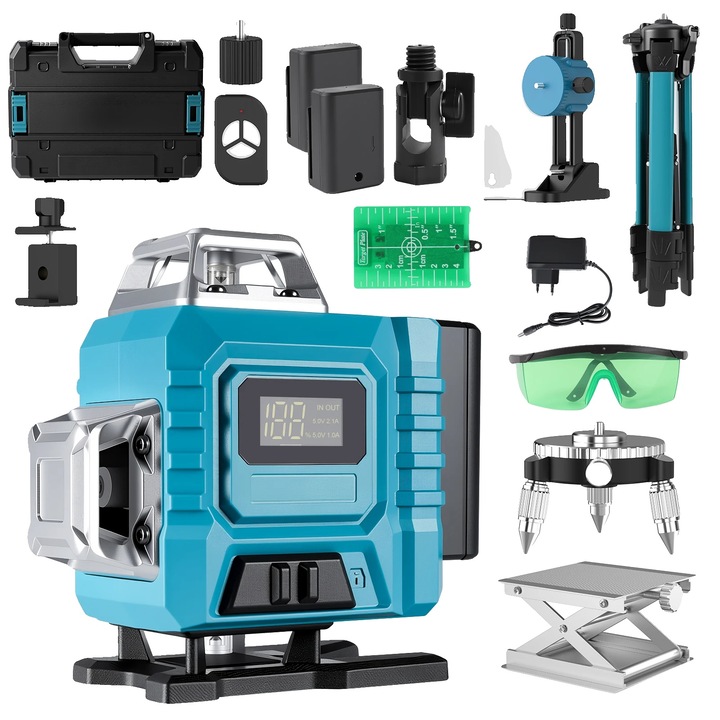 16 vonalas lézeres szintező, állvánnyal és műanyag dobozzal, zöld, újratölthető