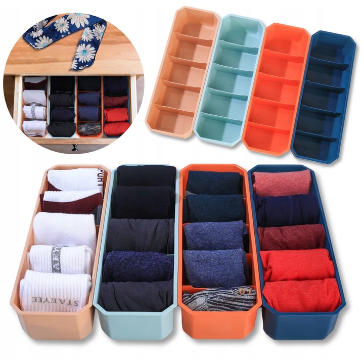 4 darab fehérnemű rendszerező szett, 20 rekeszes, többszínű, kompakt méretek