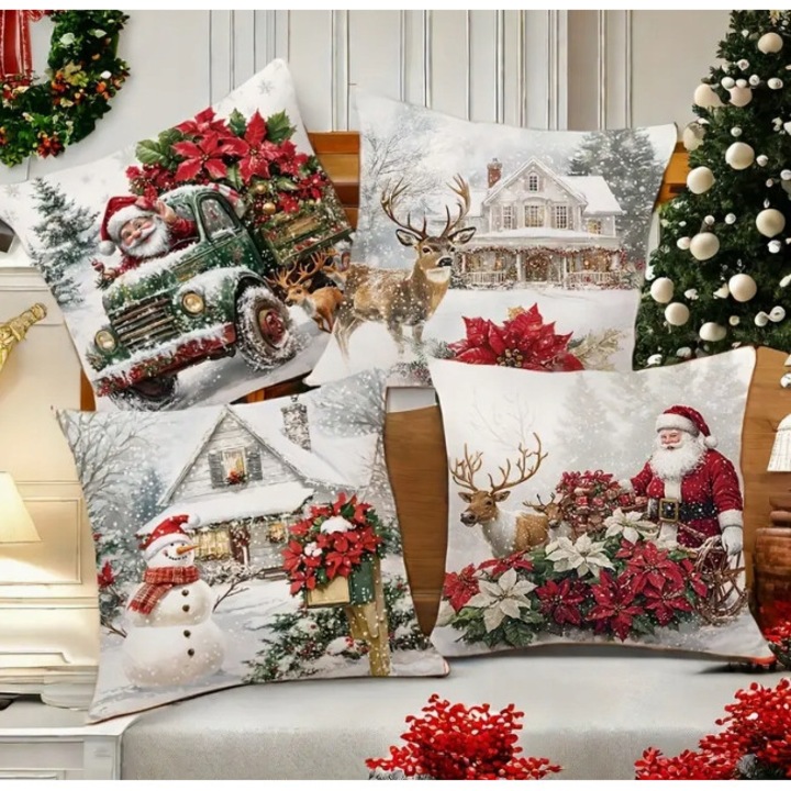 Set 4 poszewki decorative pentru perne, 45x45cm, tema de Craciun, Mos Craciun, reni, om de zapada