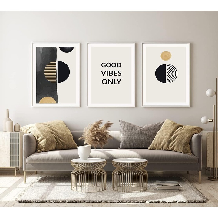 Set 3 tablouri poster Jnaozi, arta abstracta geometrica, minimalist, 50 x 70 cm, panza, multicolor