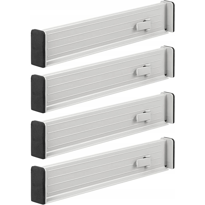 Set 4 organizatoare extensibile pentru sertare, gri, dimensiuni 33,7cm x 3,2cm x 6,4cm
