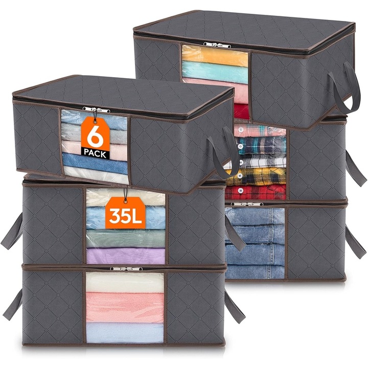 Set 6 genti de Depozitare pentru Haine, 35L, Gri, Dimensiuni 48x36x20cm