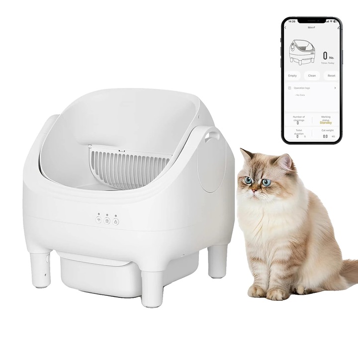 Litiere automata auto-curatare, control prin aplicatie, alb, capacitate 10.5L, pentru mai multe pisici