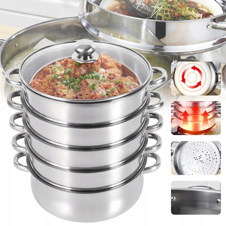 Set 5 niveluri parovar din otel inoxidabil, capac din sticla, 30x9,3cm