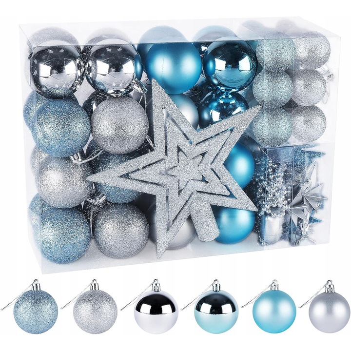 Set 70 globuri de Craciun, decorative, albastre, din plastic, diverse dimensiuni