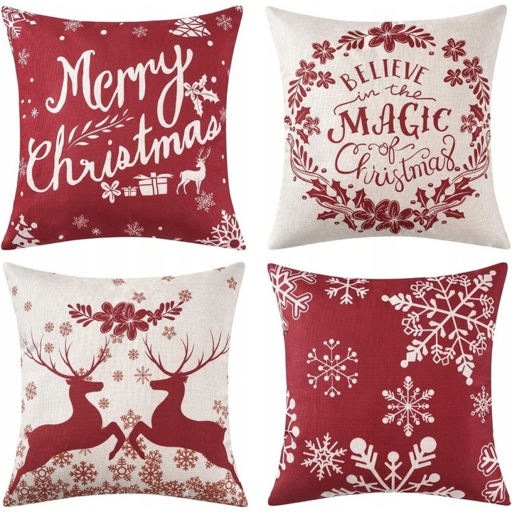 Set 4 huse pentru Perna, Design Craciun, 45x45cm, rosu/ alb