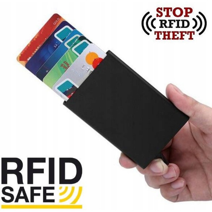 Etui pentru carduri din aluminiu cu protectie RFID, rosu, compact, design modern