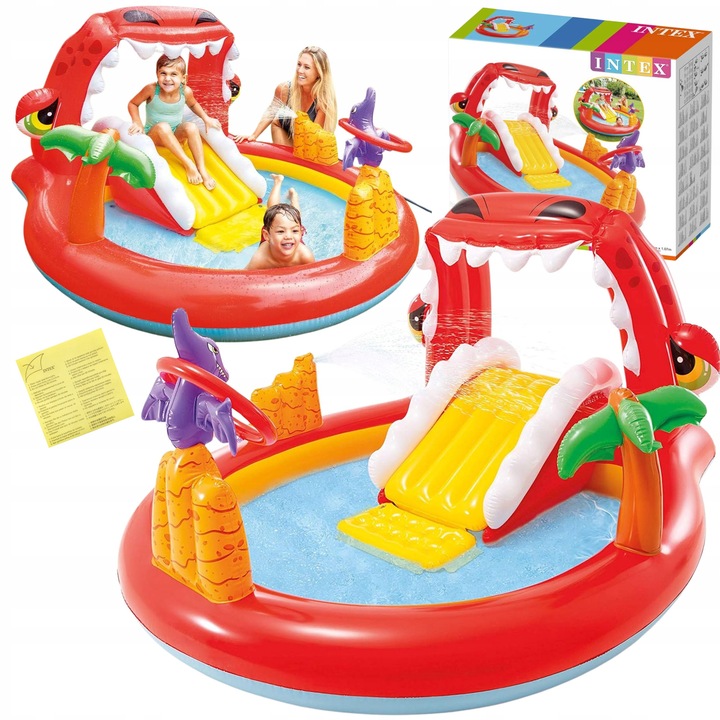 Happy Dino felfújható medence, csúszdával és szökőkutakkal, 196x170x107 cm, gyermekeknek, 2 év+