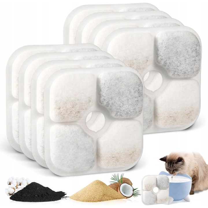 Set 8 filtre pentru fantana pentru animale, 12.5x1cm, material premium, filtrare 3-etapa