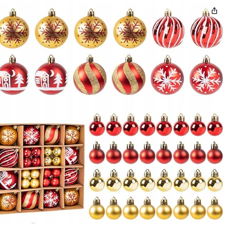 Set 44 globuri decorative, rosii si aurii, 6 cm si 3 cm
