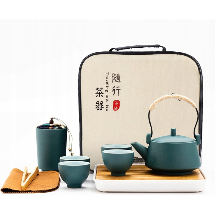 Set ceainic ceramic, 4 cani, recipient ceai, tava bambus, albastru/verde, dimensiuni variate