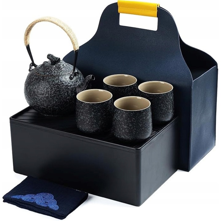 Set portabil de ceai TEANAGOO, 1 ceainic ceramic 700ml, 4 cani 205ml, culoare negru-gri, design elegant