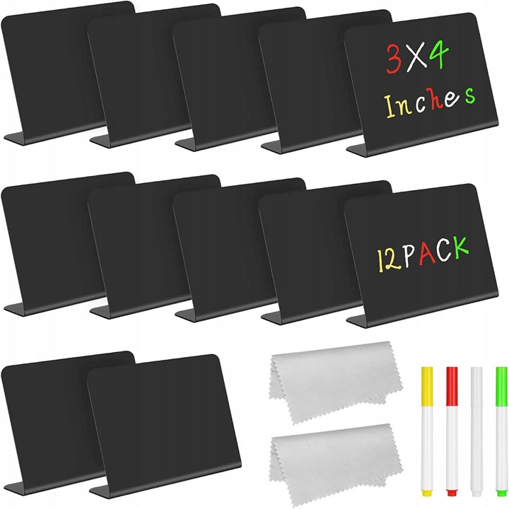 Set 12 tablouri mici cu suport, 4 markere (rosu, galben, alb, verde), 10x7,5 cm, negru lucios