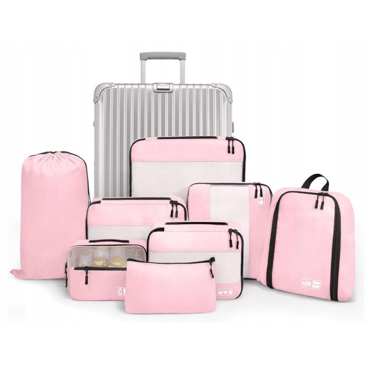 Set 8 organizatoare pentru valiza, roz, diverse dimensiuni, cu cosmetica