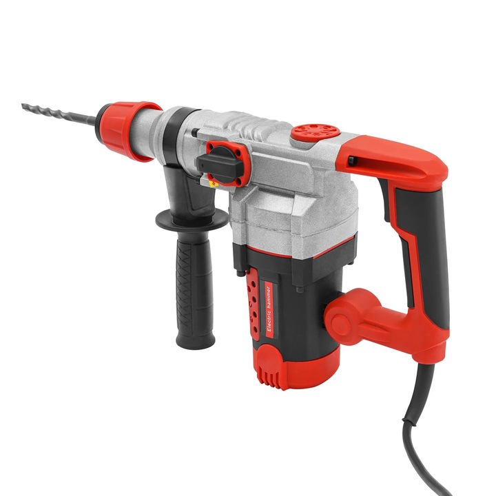 Fúrókalapács, Ütvefúró, 2200 W, 220 V 50 Hz, 0–930 ford./perc, 6 fúrófej, 360°-ban forgatható fogantyú, Fémhez, fához, betonhoz, Piros