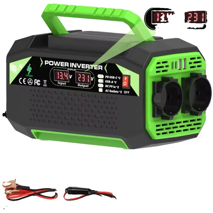 Autós inverter 300W 12V USB Type-C LCD intelligens
