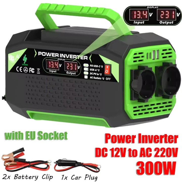 Инвертор за мощност 300W, автомобилен преобразувател 12V DC към 220V AC, USB и Type-C портове, за лаптоп, къмпинг и употреба на открито